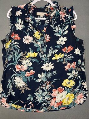 LOFT Petite Floral Sleeveless Blouse Navy Blue Ruffle Neck Top Women LP